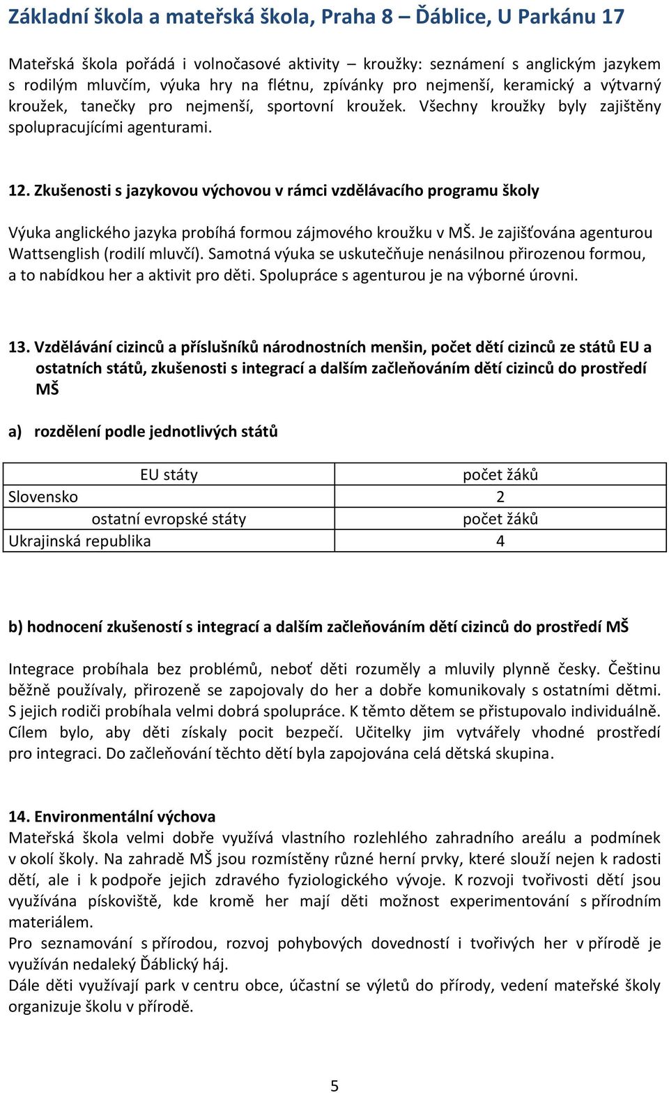 Zkušenosti s jazykovou výchovou v rámci vzdělávacího programu školy Výuka anglického jazyka probíhá formou zájmového kroužku v MŠ. Je zajišťována agenturou Wattsenglish (rodilí mluvčí).