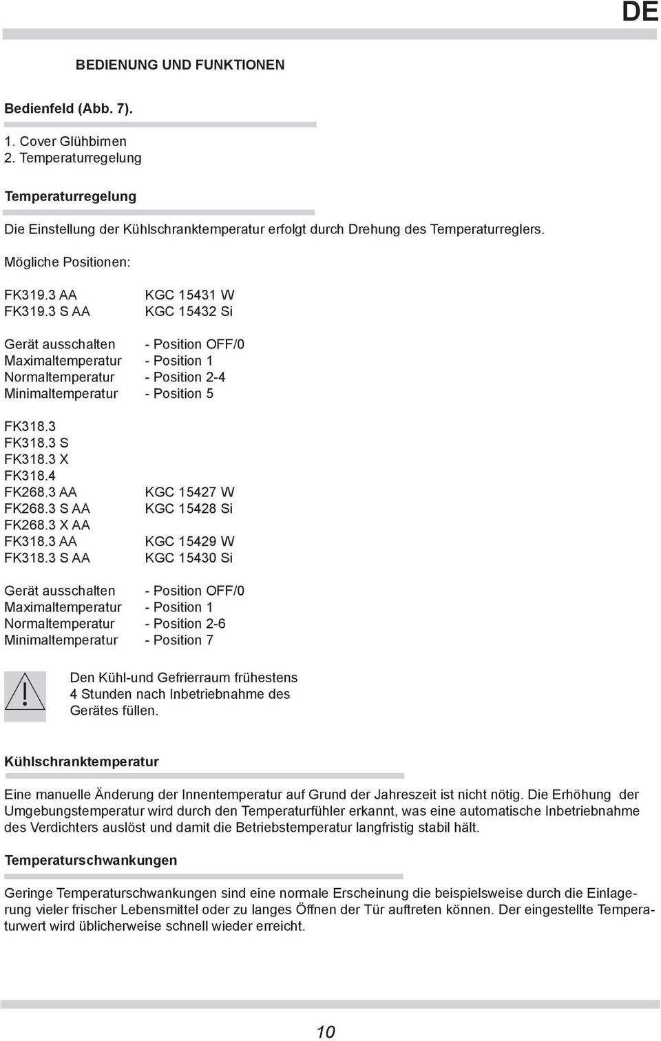 3 S AA KGC 15431 W KGC 15432 Si Gerät ausschalten - Position OFF/0 Maximaltemperatur - Position 1 Normaltemperatur - Position 2-4 Minimaltemperatur - Position 5 FK318.3 FK318.3 S FK318.3 X FK318.