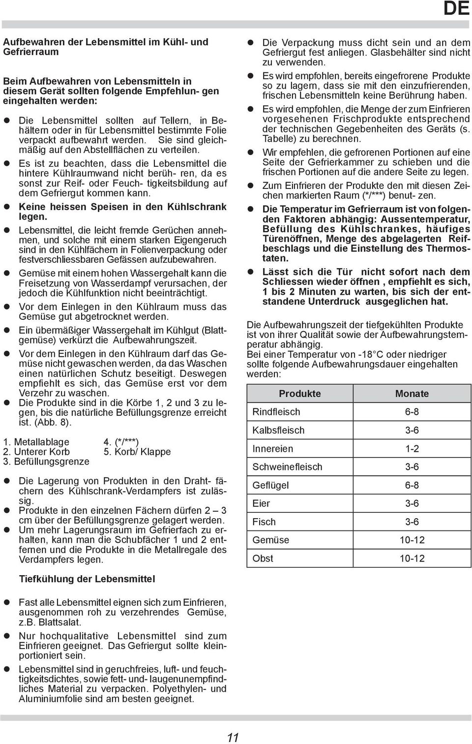 Es ist zu beachten, dass die Lebensmittel die hintere Kühlraumwand nicht berüh- ren, da es sonst zur Reif- oder Feuch- tigkeitsbildung auf dem Gefriergut kommen kann.