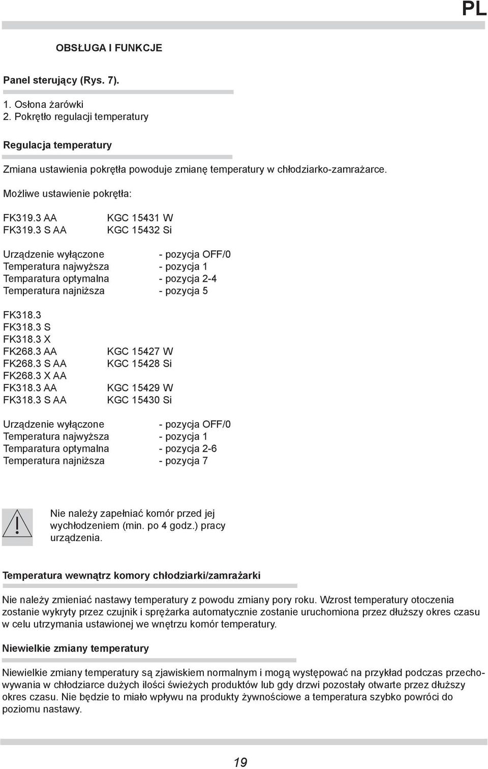 3 S AA KGC 15431 W KGC 15432 Si Urządzenie wyłączone - pozycja OFF/0 Temperatura najwyższa - pozycja 1 Temparatura optymalna - pozycja 2-4 Temperatura najniższa - pozycja 5 FK318.3 FK318.3 S FK318.