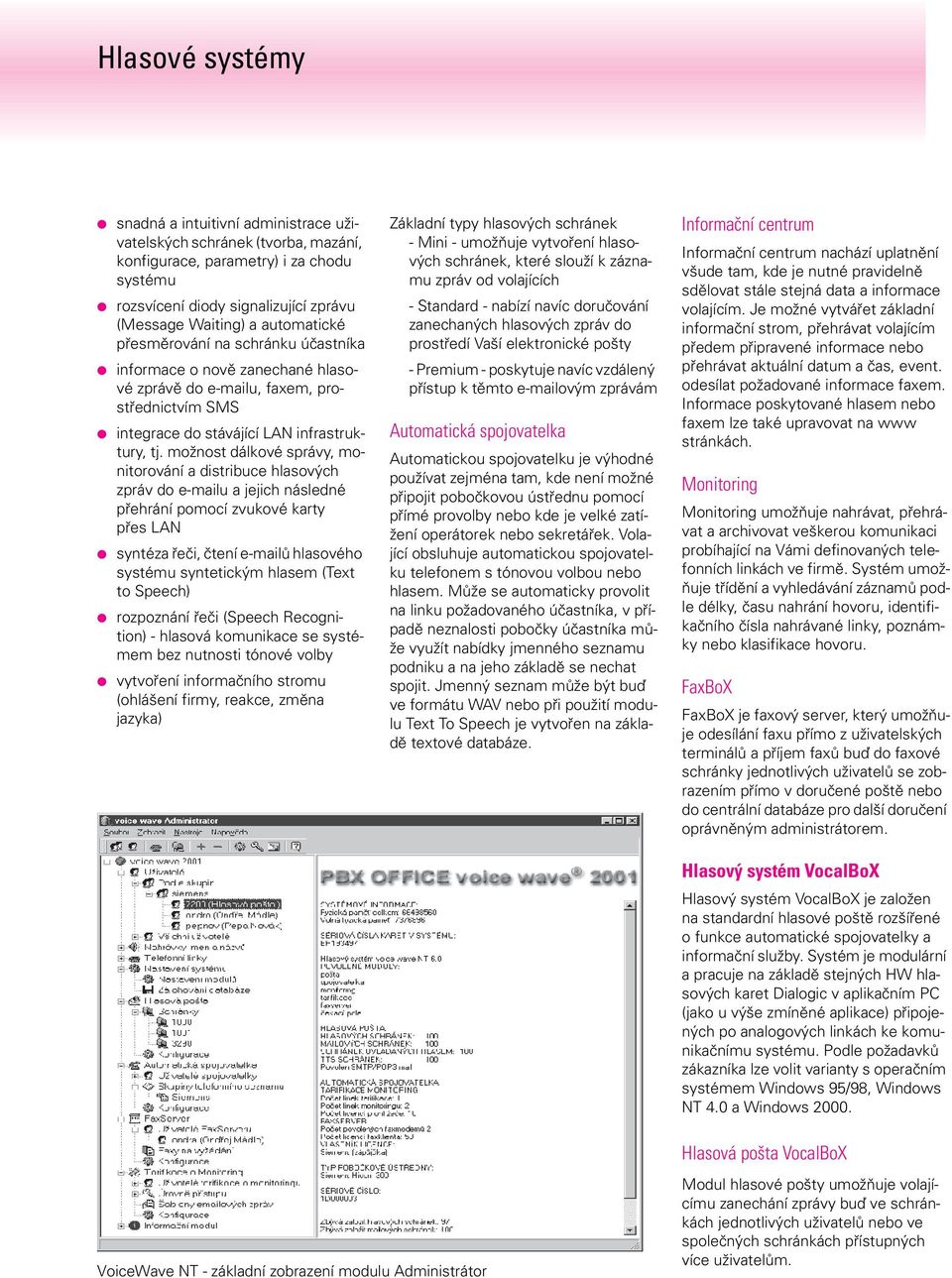 možnost dálkové správy, monitorování a distribuce hlasových zpráv do e-mailu a jejich následné přehrání pomocí zvukové karty přes LAN syntéza řeči, čtení e-mailů hlasového systému syntetickým hlasem