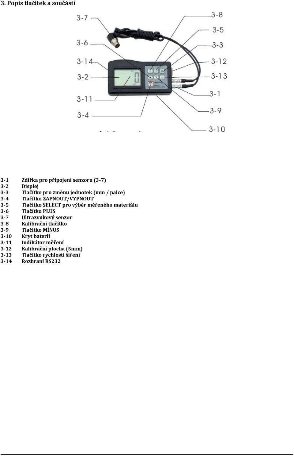 materiálu 3-6 Tlačítko PLUS 3-7 Ultrazvukový senzor 3-8 Kalibrační tlačítko 3-9 Tlačítko MÍNUS 3-10