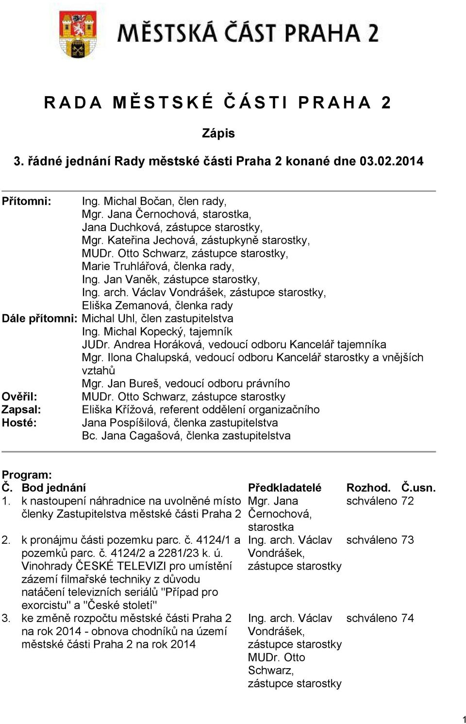 Jan Vaněk, zástupce starostky, Ing. arch. Václav Vondrášek, zástupce starostky, Eliška Zemanová, členka rady Dále přítomni: Michal Uhl, člen zastupitelstva Ing. Michal Kopecký, tajemník JUDr.
