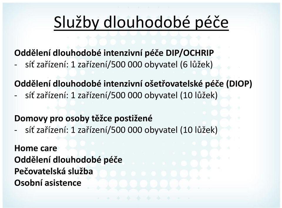 síť zařízení: 1 zařízení/500 000 obyvatel (10 lůžek) Domovy pro osoby těžce postižené - síť