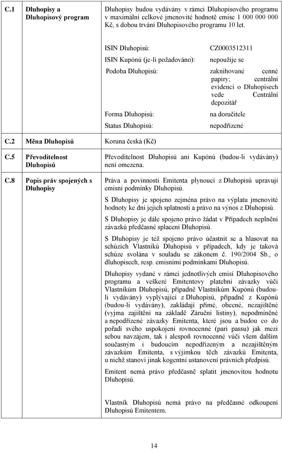 Status Dluhopisů: nepodřízené C.2 Měna Dluhopisů Koruna česká (Kč) C.5 Převoditelnost Dluhopisů C.