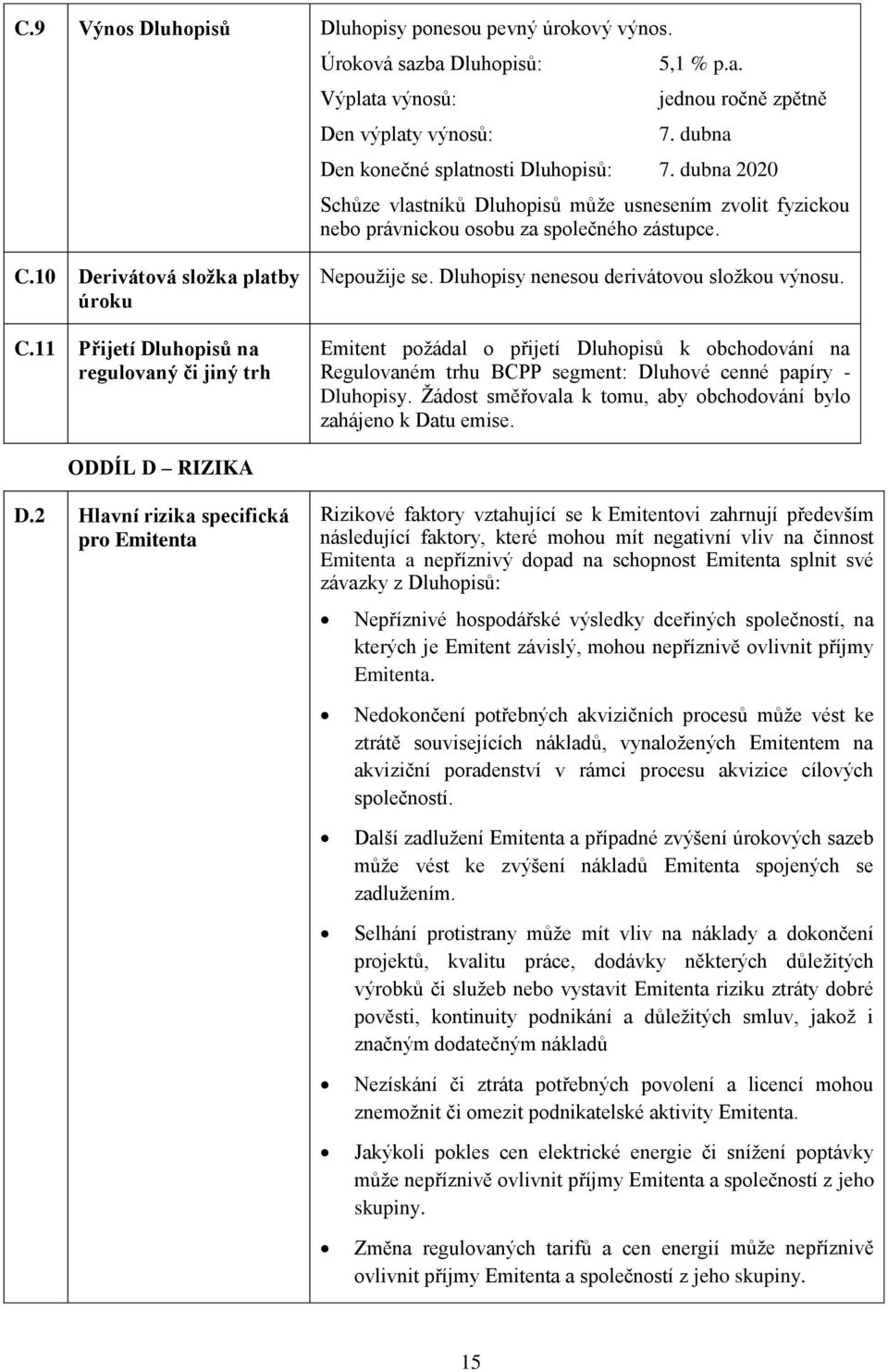 11 Přijetí Dluhopisů na regulovaný či jiný trh Nepoužije se. Dluhopisy nenesou derivátovou složkou výnosu.
