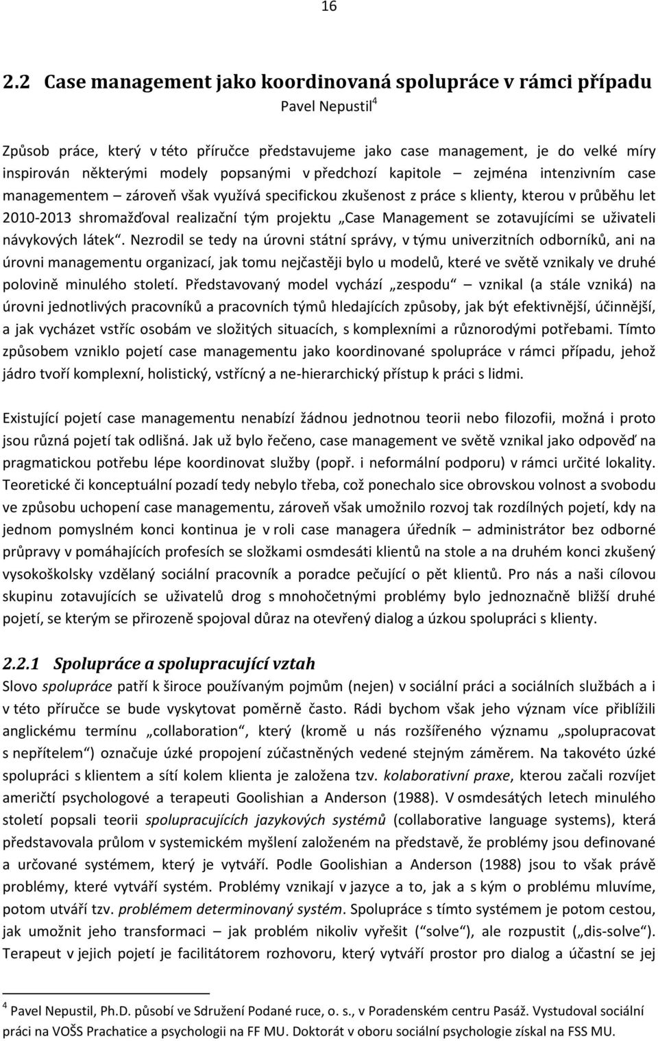 projektu Case Management se zotavujícími se uživateli návykových látek.