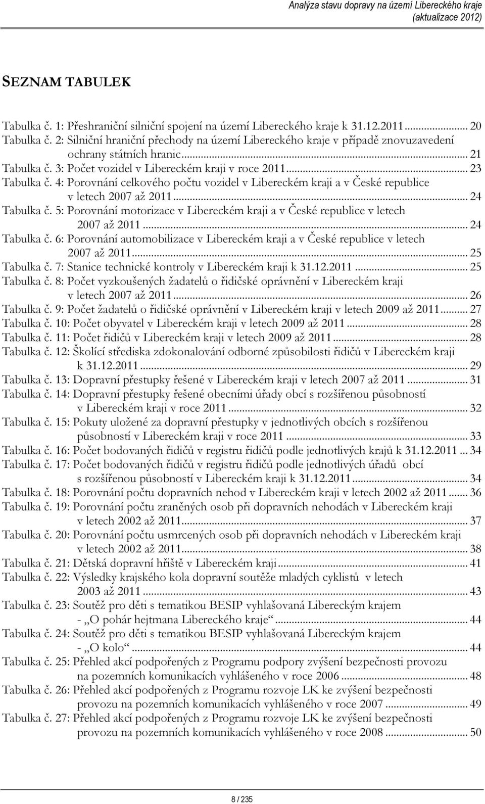 4: Porovnání celkového počtu vozidel v Libereckém kraji a v České republice v letech 2007 až 2011... 24 Tabulka č. 5: Porovnání motorizace v Libereckém kraji a v České republice v letech 2007 až 2011.