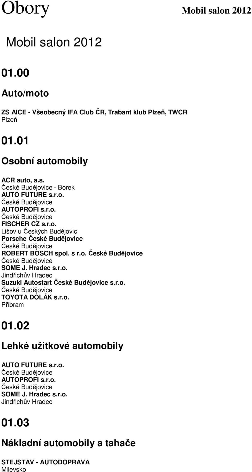 s r.o. SOME J. Hradec s.r.o. Suzuki Autostart s.r.o. TOYOTA DOLÁK s.r.o. Příbram 01.02 Lehké užitkové automobily AUTO FUTURE s.