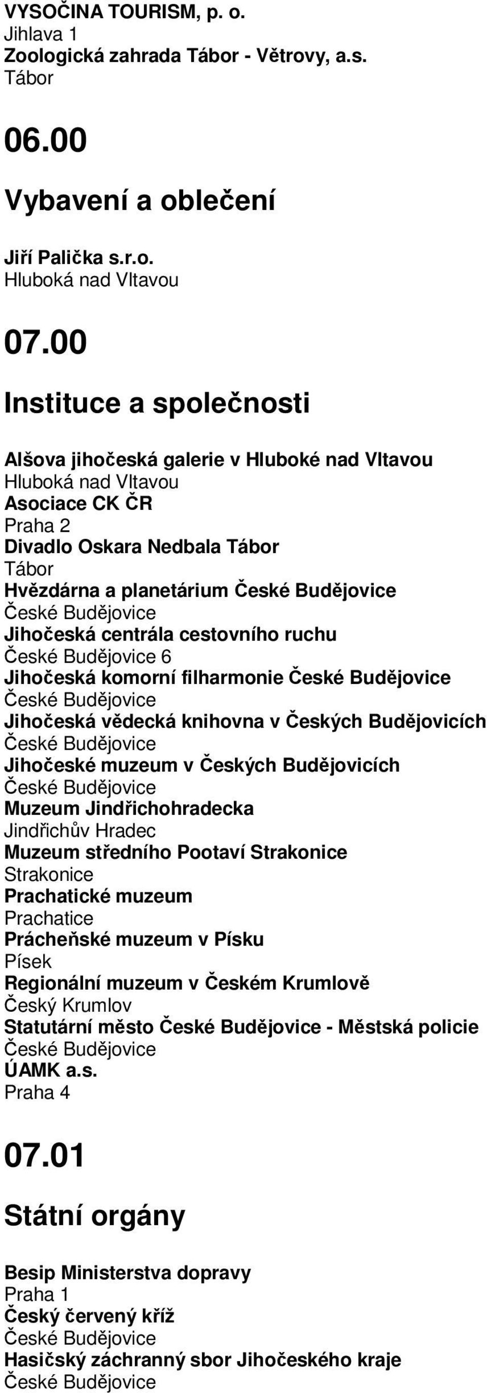 komorní filharmonie Jihočeská vědecká knihovna v Českých Budějovicích Jihočeské muzeum v Českých Budějovicích Muzeum Jindřichohradecka Muzeum středního Pootaví Strakonice Strakonice