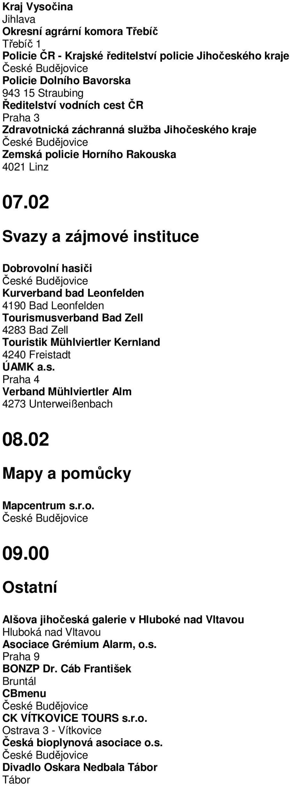 02 Svazy a zájmové instituce Dobrovolní hasiči Kurverband bad Leonfelden 4190 Bad Leonfelden Tourismusverband Bad Zell 4283 Bad Zell Touristik Mühlviertler Kernland 4240 Freistadt ÚAMK a.s. Praha 4 Verband Mühlviertler Alm 4273 Unterweißenbach 08.