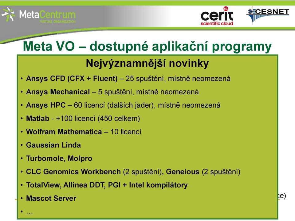 Intel, PGI, ladící a optimalizační nástroje (TotalView, Allinea), Ansys HPC 60 licencí (dalších jader), místně neomezená generický matematický software Matlab - +100 licencí (450 celkem) Matlab,