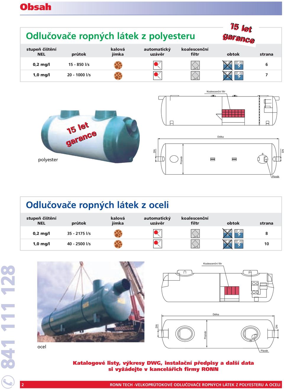 koalescenční NEL průtok jímka uzávěr filtr obtok strana 0,2 mg/l 35-2175 l/s 8 1,0 mg/l 40-2500 l/s 10 841 111 128 ocel Koalescenční filtr 2 RONN TECH