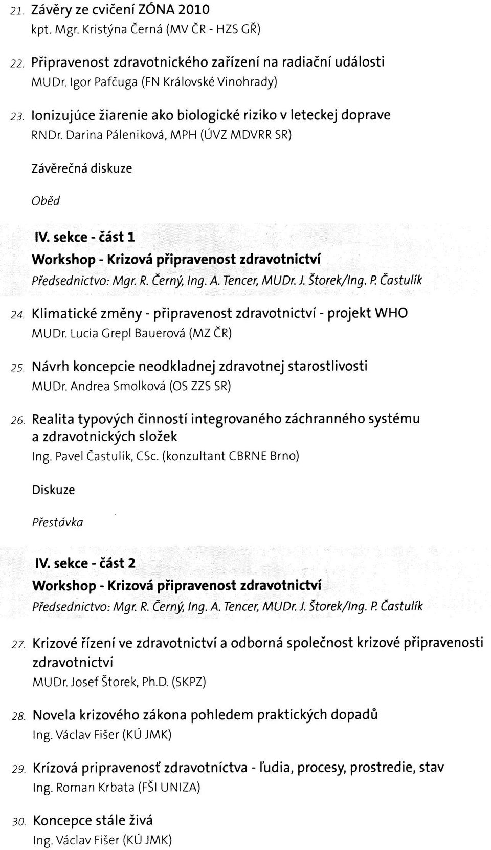 A. Tencer, MUDr. J. Štorek/lng. P. Častulík 24. Klimatické změny - připravenost zdravotnictví - projekt WHO MUDr. Lucia Grepl Bauerová (MZ ČR) 25.