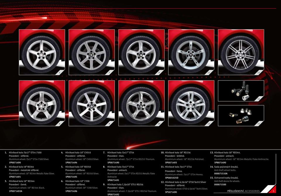 Aluminium wheel: 18 CV010 Silver. 1P0071494 5. Hliníkové kolo 18 RD350 Provedení - stříbrné. Aluminium wheel: 18 RD350 Silver. 1P0071495 6. Hliníkové kolo 18 7200 Provedení - stříbrné.