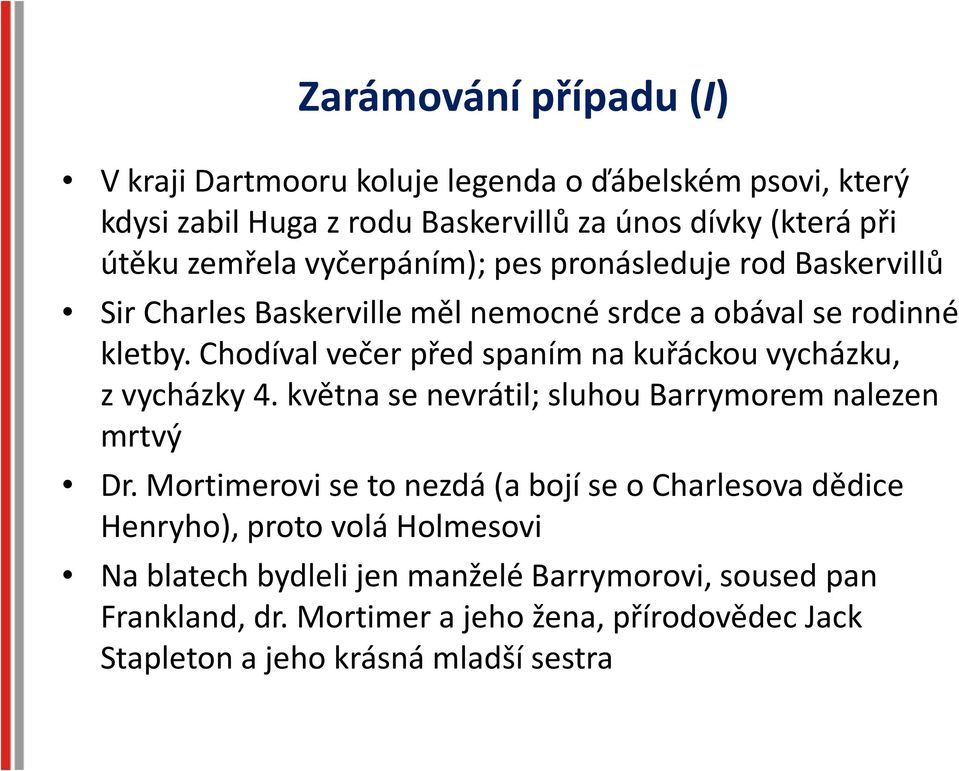 Chodíval večer před spaním na kuřáckou vycházku, z vycházky 4. května se nevrátil; sluhou Barrymorem nalezen mrtvý Dr.