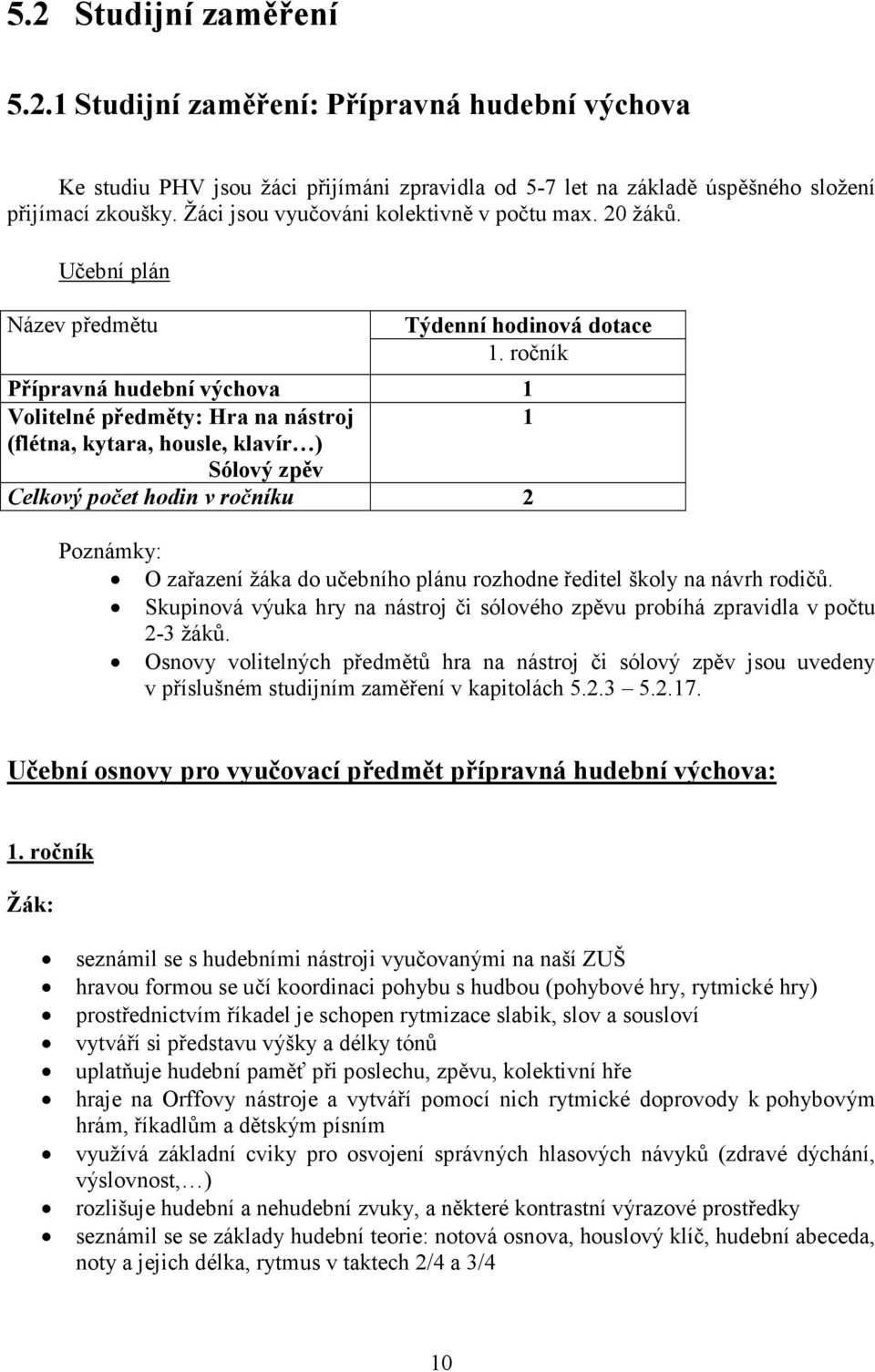 ročník Přípravná hudební výchova 1 Volitelné předměty: Hra na nástroj 1 (flétna, kytara, housle, klavír ) Sólový zpěv Celkový počet hodin v ročníku 2 Poznámky: O zařazení žáka do učebního plánu