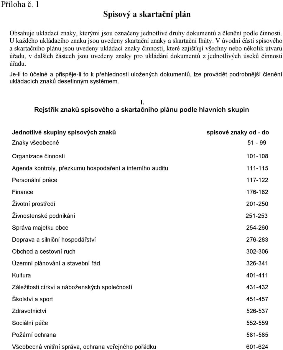 V úvodní části spisového a skartačního plánu jsou uvedeny ukládací znaky činností, které zajišťují všechny nebo několik útvarů úřadu, v dalších částech jsou uvedeny znaky pro ukládání dokumentů z