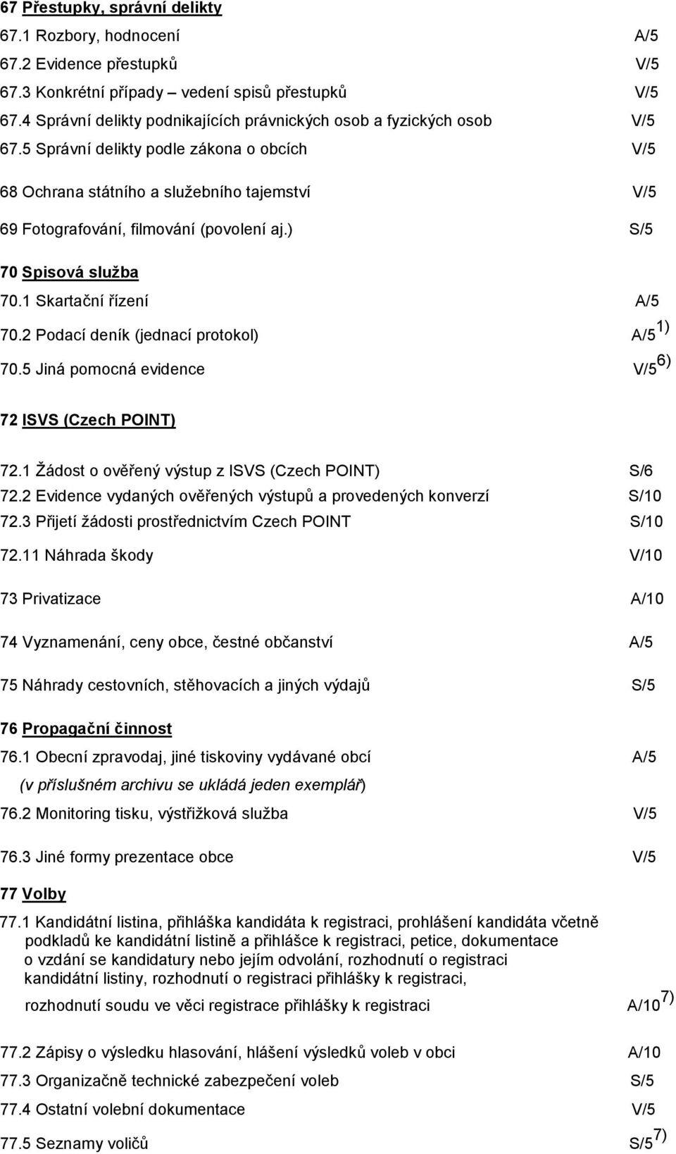 5 Správní delikty podle zákona o obcích V/5 68 Ochrana státního a služebního tajemství V/5 69 Fotografování, filmování (povolení aj.) S/5 70 Spisová služba 70.1 Skartační řízení A/5 70.