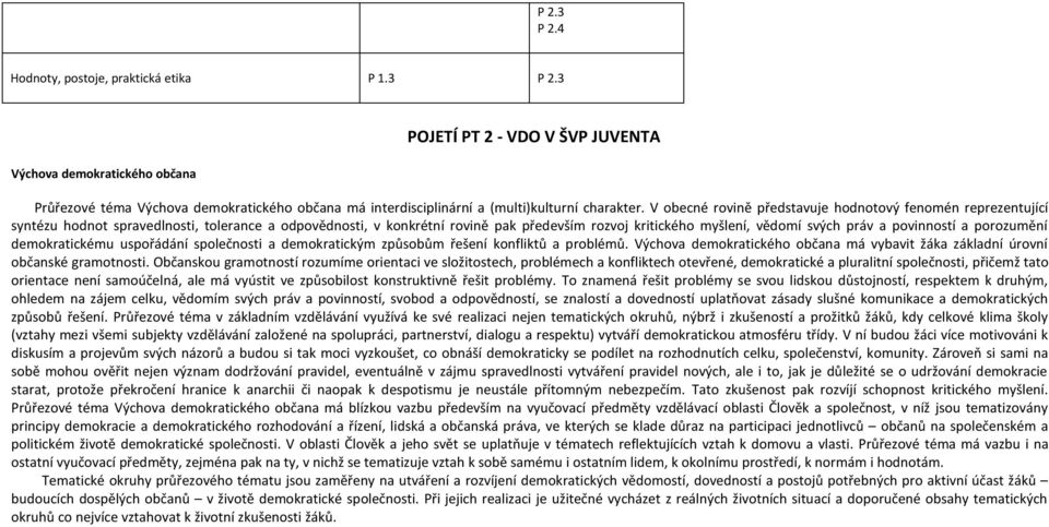 povinností a porozumění demokratickému uspořádání společnosti a demokratickým způsobům řešení konfliktů a problémů. Výchova demokratického občana má vybavit žáka základní úrovní občanské gramotnosti.