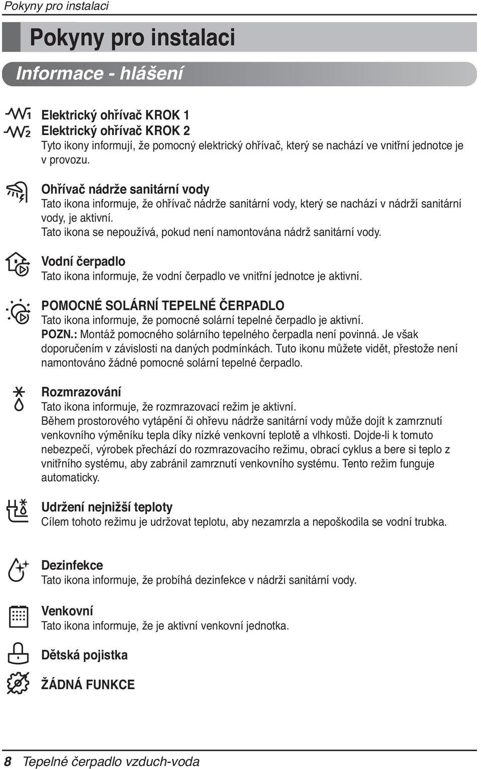 Tato ikona se nepoužívá, pokud není namontována nádrž sanitární vody. Vodní čerpadlo Tato ikona informuje, že vodní čerpadlo ve vnitřní jednotce je aktivní.
