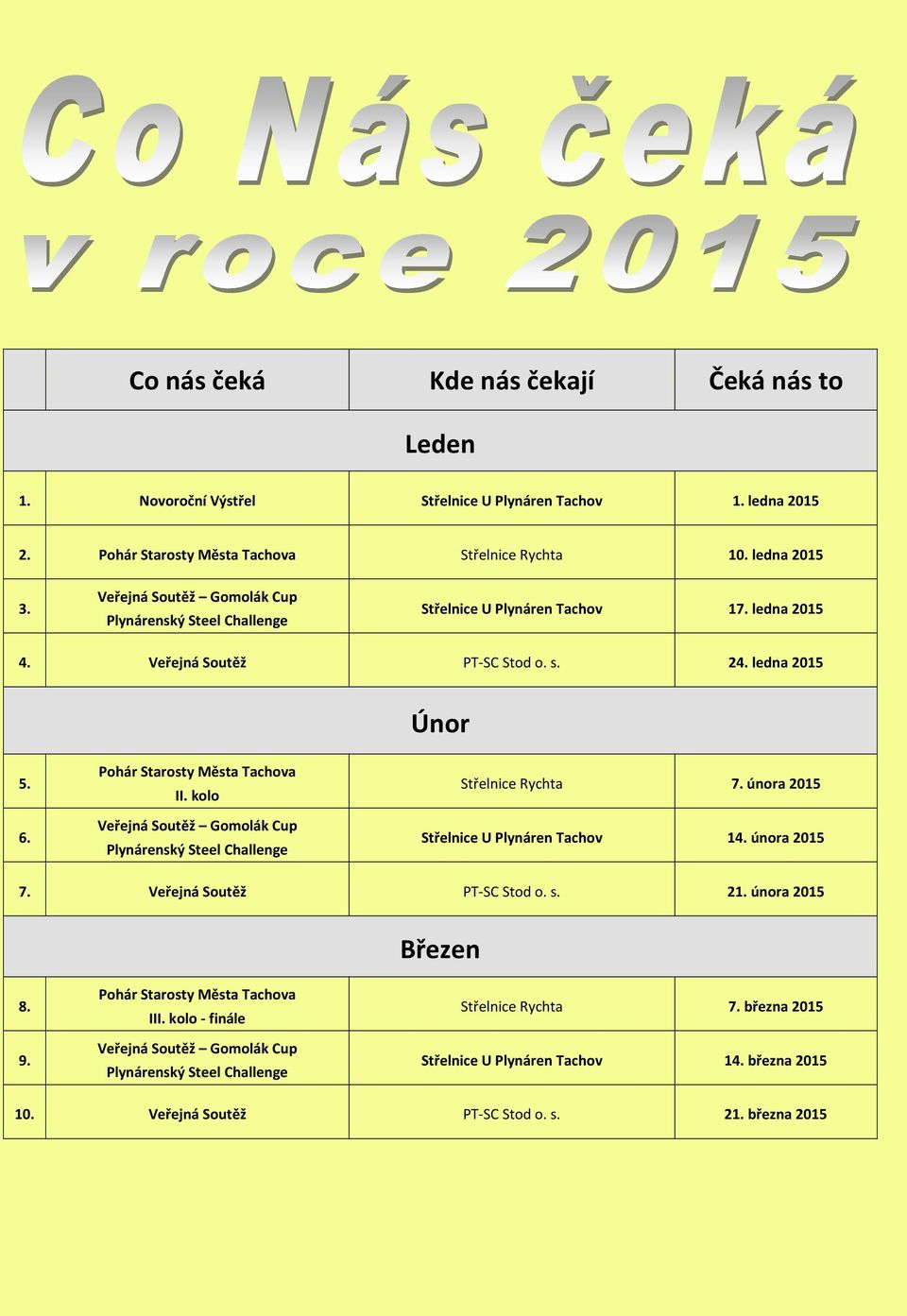 ledna 2015 Únor 5. 6. Pohár Starosty Města Tachova II. kolo Střelnice Rychta 7. února 2015 Střelnice U Plynáren Tachov 14. února 2015 7.