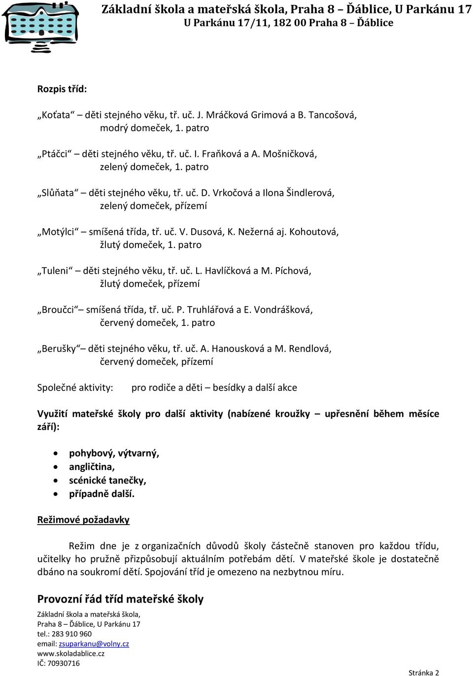 patro Tuleni děti stejného věku, tř. uč. L. Havlíčková a M. Píchová, žlutý domeček, přízemí Broučci smíšená třída, tř. uč. P. Truhlářová a E. Vondrášková, červený domeček, 1.