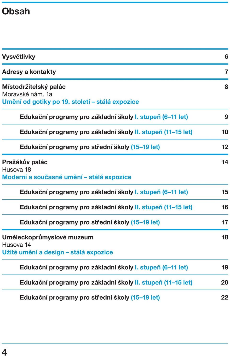 stupeň (11 15 let) 10 Edukační programy pro střední školy (15 19 let) 12 Pražákův palác Husova 18 Moderní a současné umění stálá expozice 14 Edukační programy pro základní školy I.