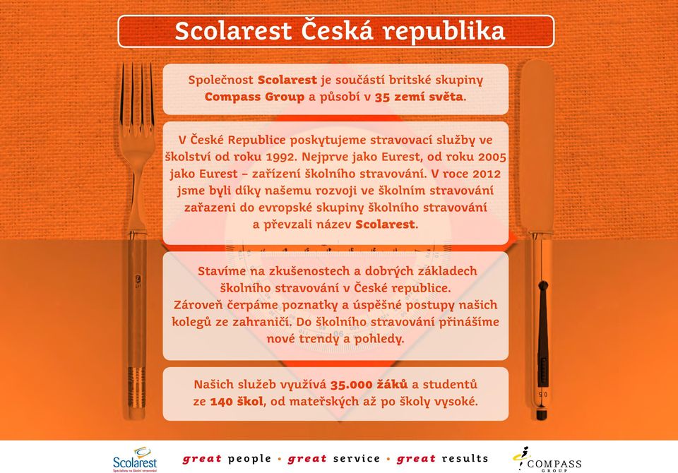V roce 2012 jsme byli díky našemu rozvoji ve školním stravování zařazeni do evropské skupiny školního stravování a převzali název Scolarest.