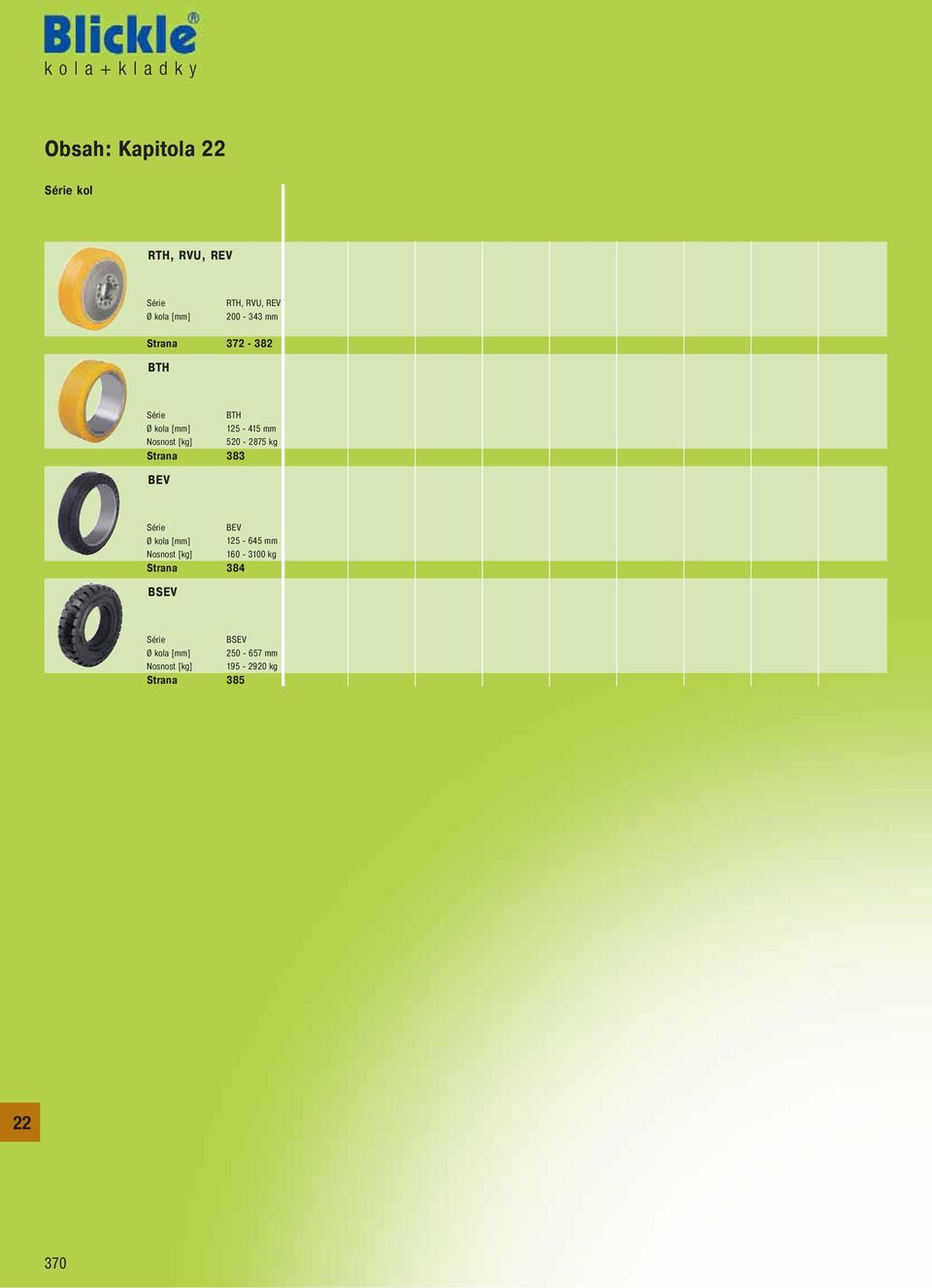 Strana 383 BEV Série BEV Ø kola [mm] 125-645 mm Nosnost [kg] 160-3100 kg Strana