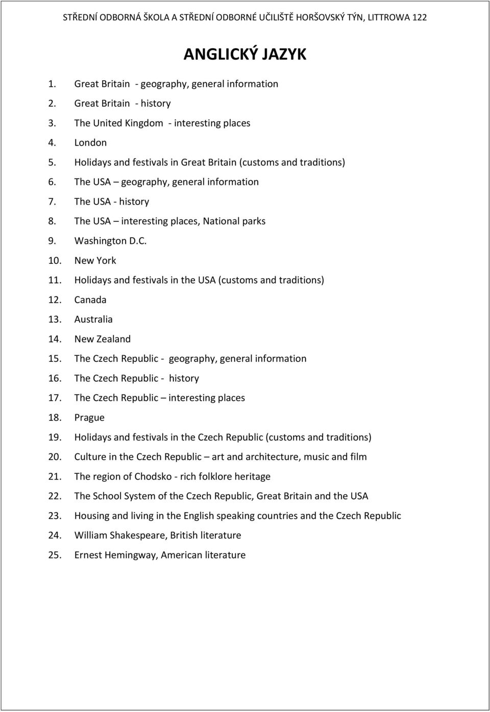 New York 11. Holidays and festivals in the USA (customs and traditions) 12. Canada 13. Australia 14. New Zealand 15. The Czech Republic - geography, general information 16.