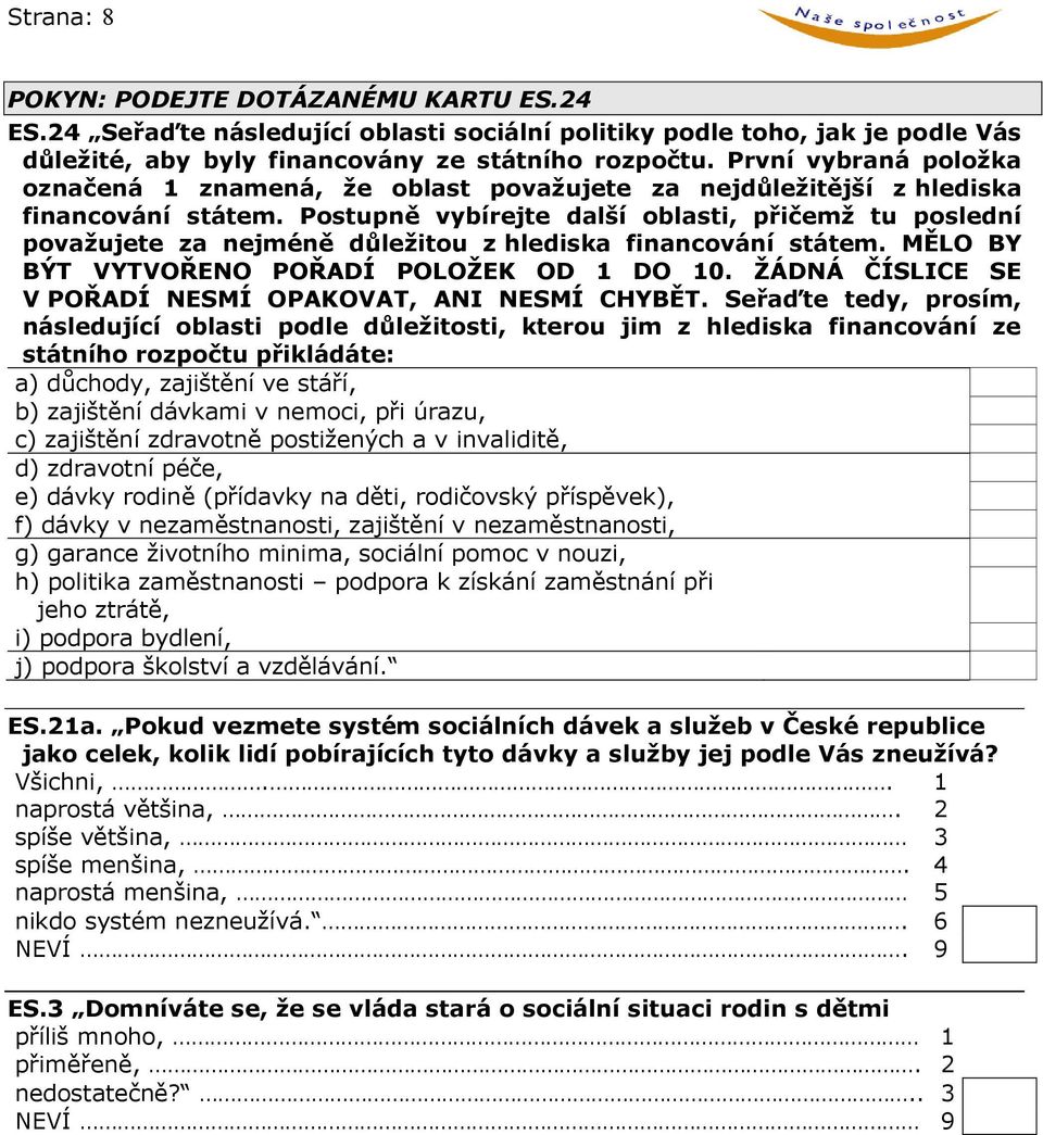Postupně vybírejte další oblasti, přičemž tu poslední považujete za nejméně důležitou z hlediska financování státem. MĚLO BY BÝT VYTVOŘENO POŘADÍ POLOŽEK OD 1 DO 10.