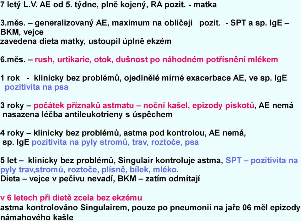 IgE pozitivita na pyly stromů, trav, roztoče, psa 5 let klinicky bez problémů, Singulair kontroluje astma, SPT pozitivita na pyly trav,stromů, roztoče, plísně, bílek, mléko.