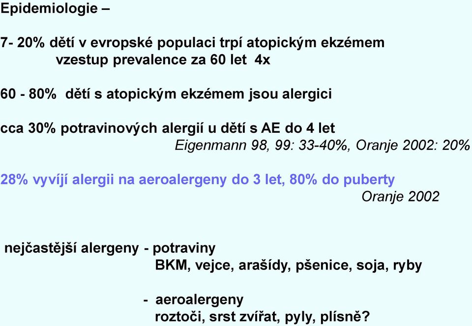 33-40%, Oranje 2002: 20% 28% vyvíjí alergii na aeroalergeny do 3 let, 80% do puberty Oranje 2002 nejčastější