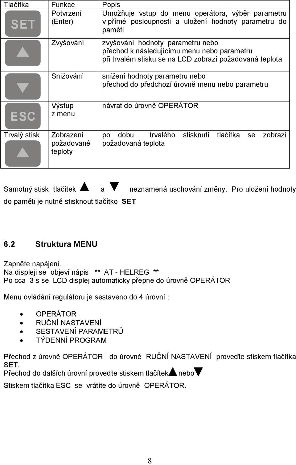 Výstup z menu Zobrazení požadované teploty návrat do úrovně OPERÁTOR po dobu trvalého stisknutí tlačítka se zobrazí požadovaná teplota Samotný stisk tlačítek a neznamená uschování změny.