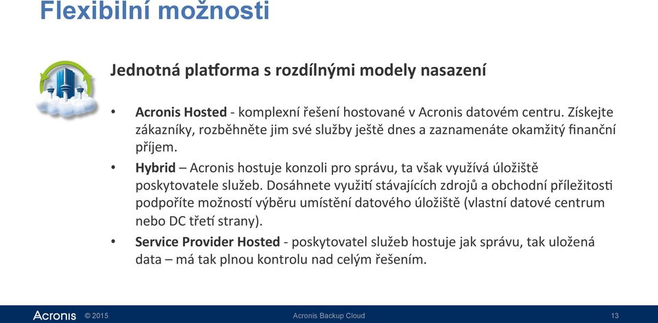 Hybrid Acronis hostuje konzoli pro správu, ta však využívá úložiště poskytovatele služeb.