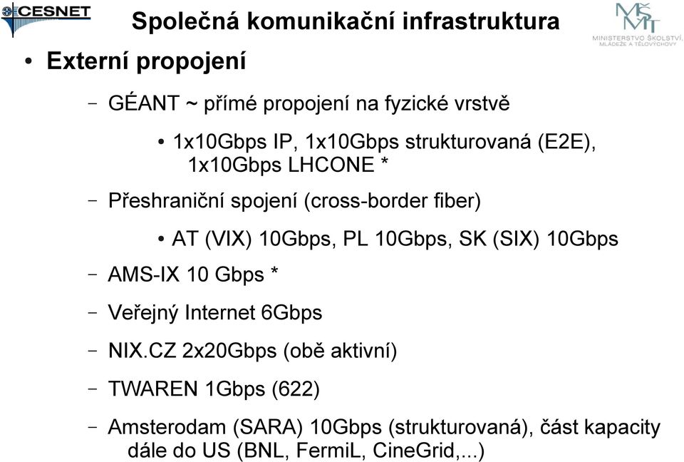 10Gbps, PL 10Gbps, SK (SIX) 10Gbps AMS-IX 10 Gbps * Veřejný Internet 6Gbps NIX.