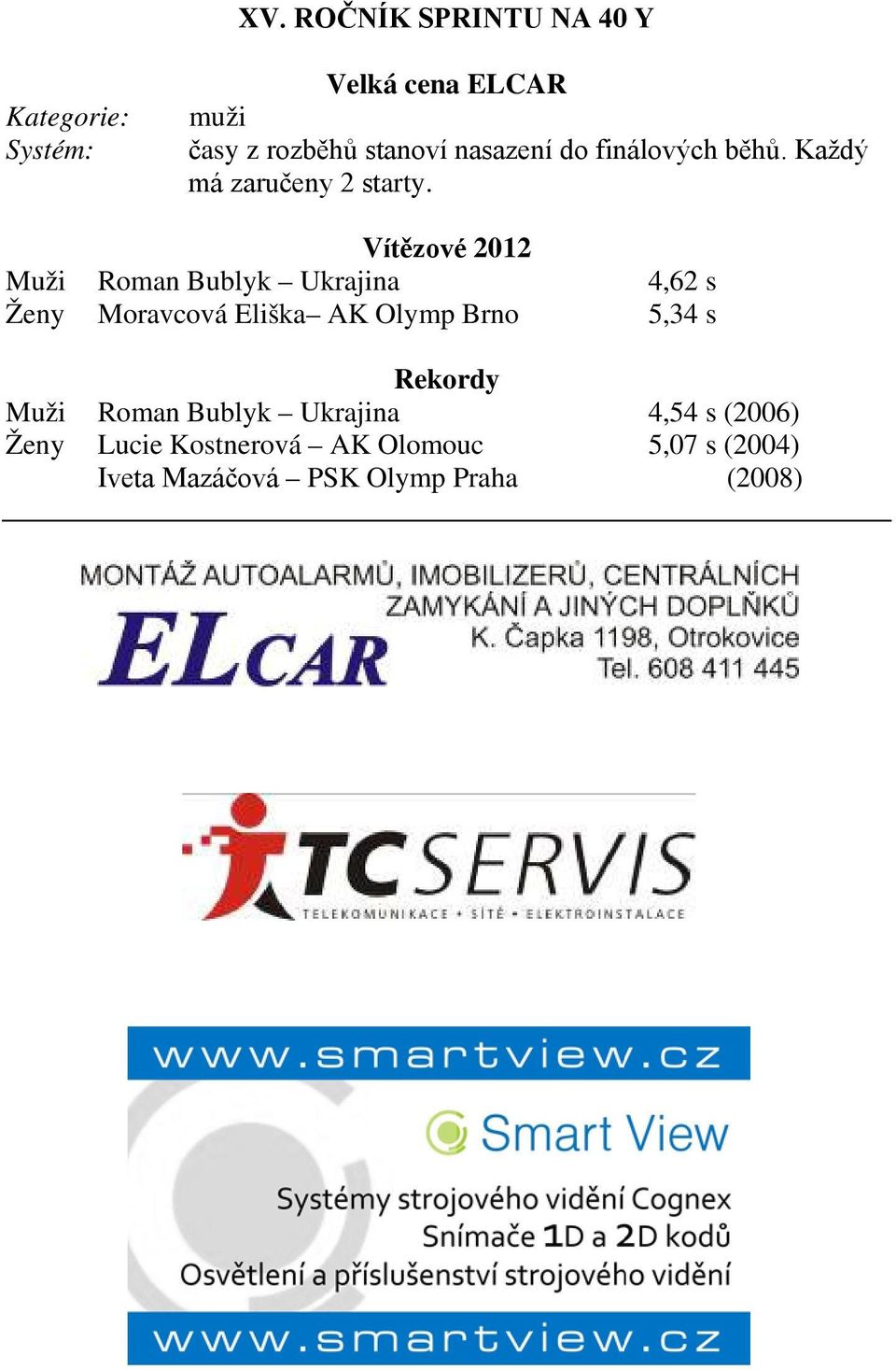 Vítězové 2012 Muži Roman Bublyk Ukrajina 4,62 s Ženy Moravcová Eliška AK Olymp Brno 5,34 s