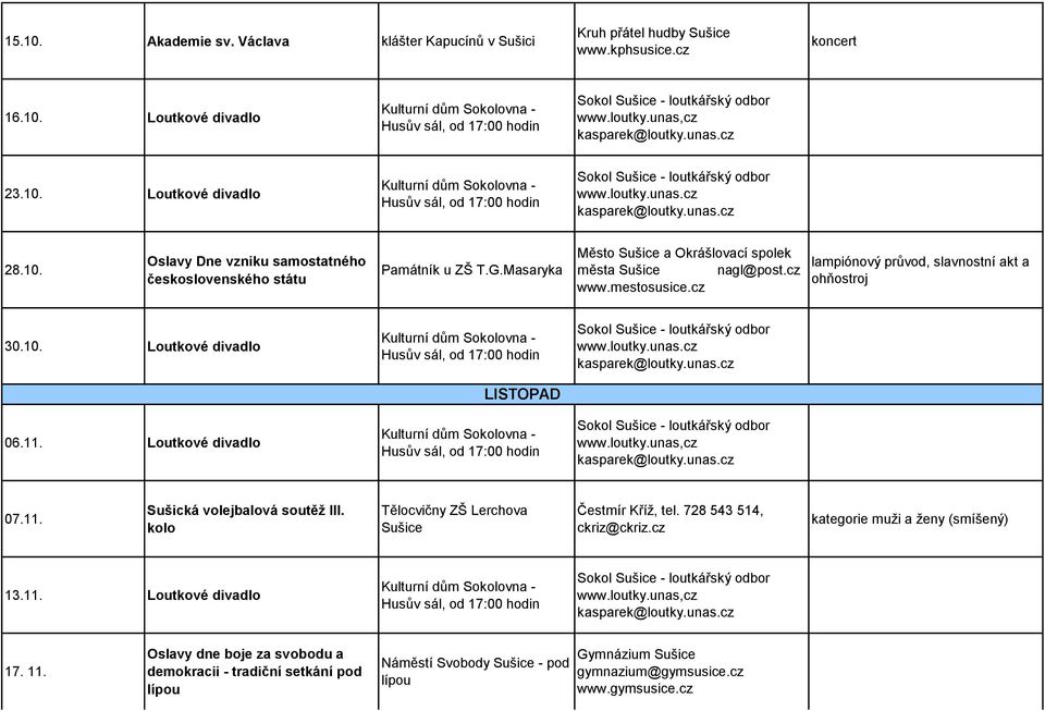 10. Loutkové divadlo 06.11. Loutkové divadlo Husův sál, od 17:00 LISTOPAD Husův sál, od 17:00 www.loutky.unas,cz 07.11. Sušická volejbalová soutěž III. kolo Tělocvičny ZŠ Lerchova Čestmír Kříž, tel.