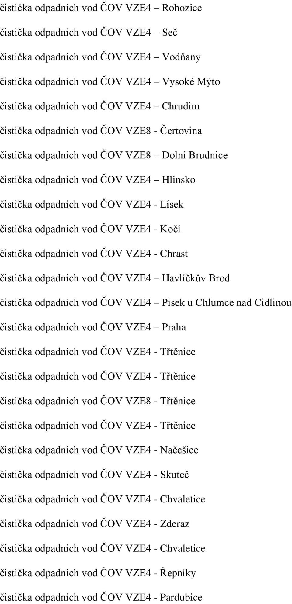 VZE4 - Kočí čistička odpadních vod ČOV VZE4 - Chrast čistička odpadních vod ČOV VZE4 Havlíčkův Brod čistička odpadních vod ČOV VZE4 Písek u Chlumce nad Cidlinou čistička odpadních