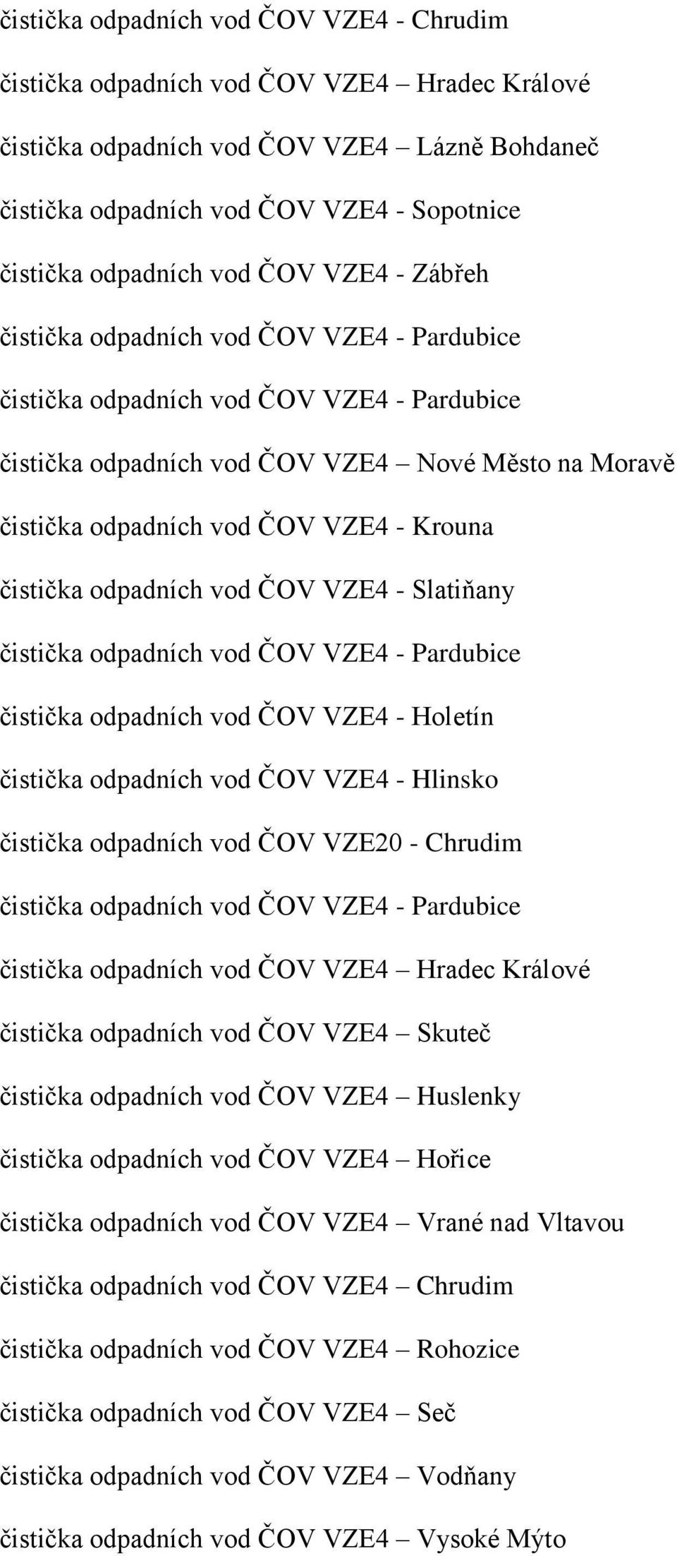 vod ČOV VZE4 - Hlinsko čistička odpadních vod ČOV VZE20 - Chrudim čistička odpadních vod ČOV VZE4 Skuteč čistička odpadních vod ČOV VZE4 Huslenky čistička odpadních vod ČOV VZE4 Hořice