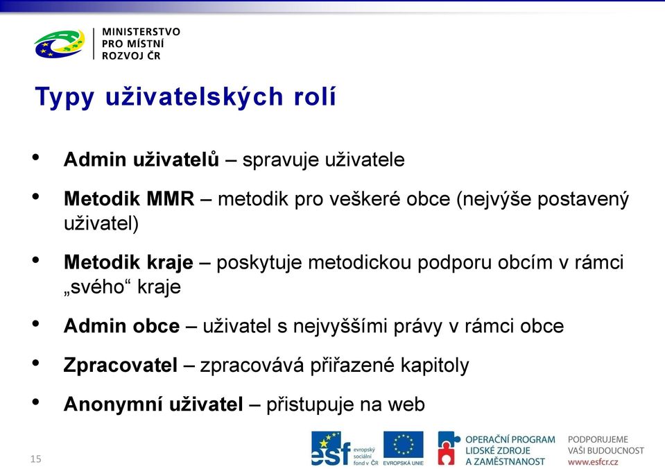 podporu obcím v rámci svého kraje Admin obce uživatel s nejvyššími právy v rámci