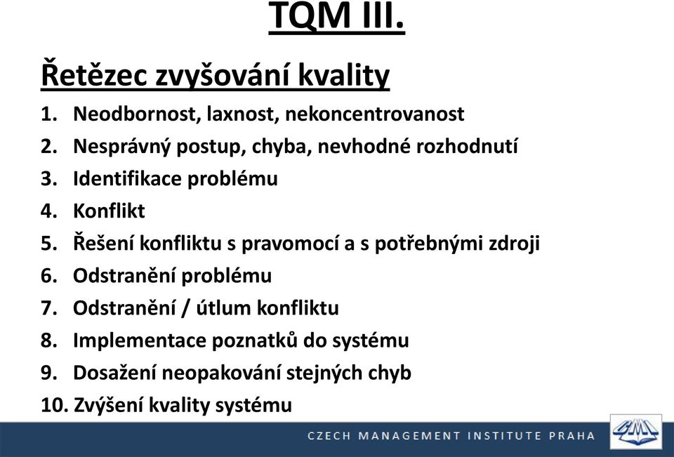 Řešení konfliktu s pravomocí a s potřebnými zdroji 6. Odstranění problému 7.