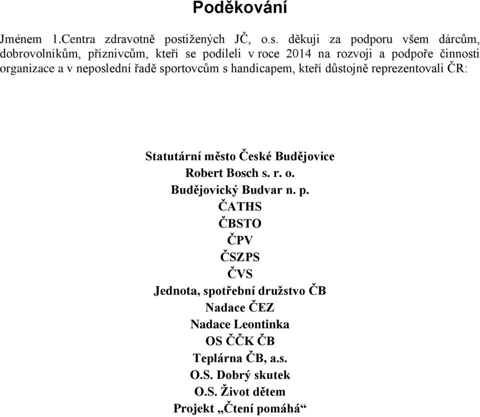 děkuji za podporu všem dárcům, dobrovolníkům, příznivcům, kteří se podíleli v roce na rozvoji a podpoře činnosti organizace a v