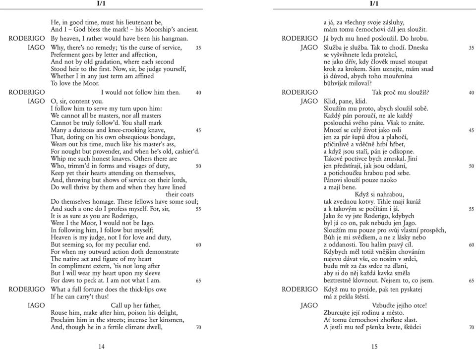 Now, sir, be judge yourself, Whether I in any just term am affined To love the Moor. RODERIGO I would not follow him then. 40 IAGO O, sir, content you.