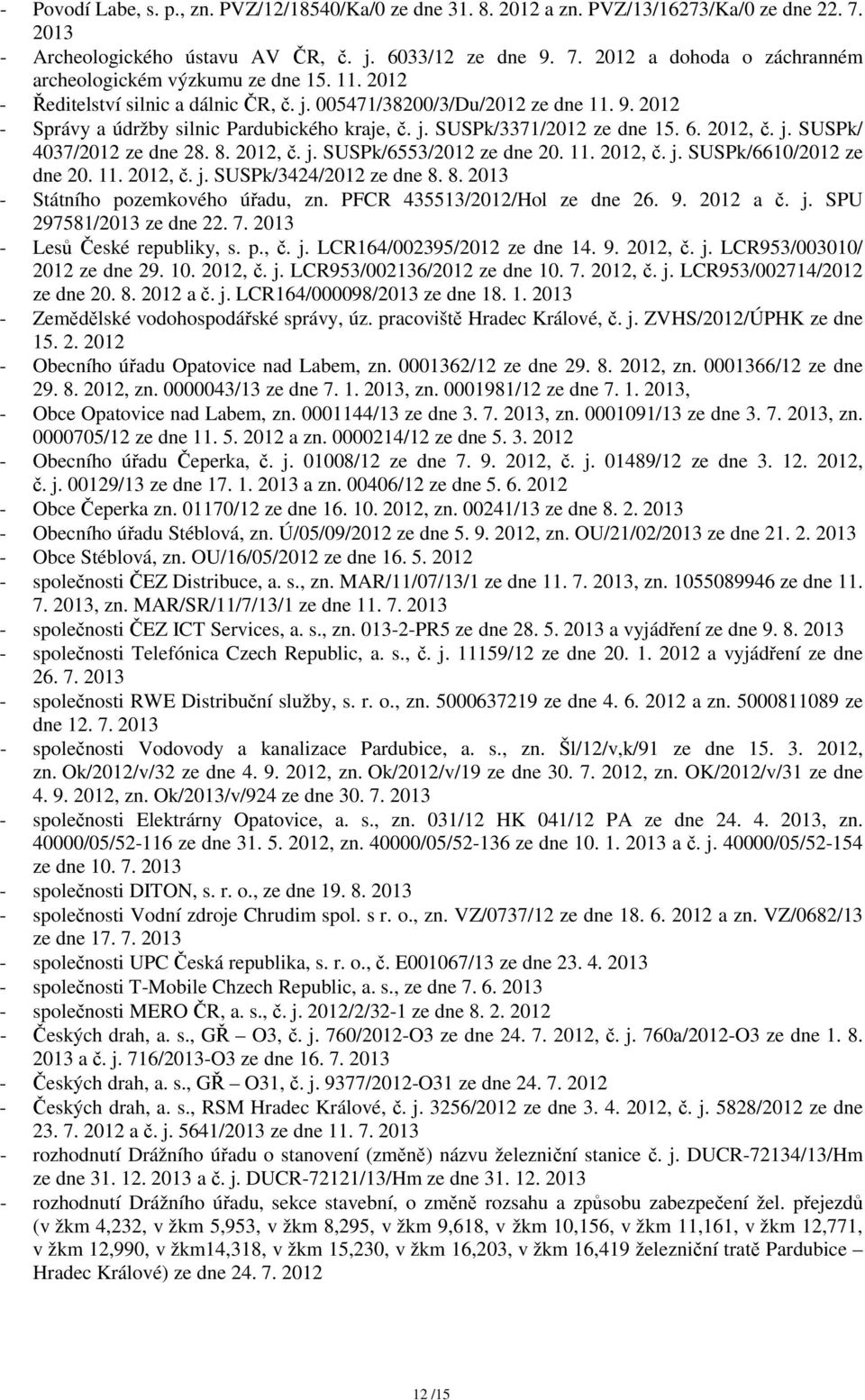 8. 2012, č. j. SUSPk/6553/2012 ze dne 20. 11. 2012, č. j. SUSPk/6610/2012 ze dne 20. 11. 2012, č. j. SUSPk/3424/2012 ze dne 8. 8. 2013 - Státního pozemkového úřadu, zn. PFCR 435513/2012/Hol ze dne 26.