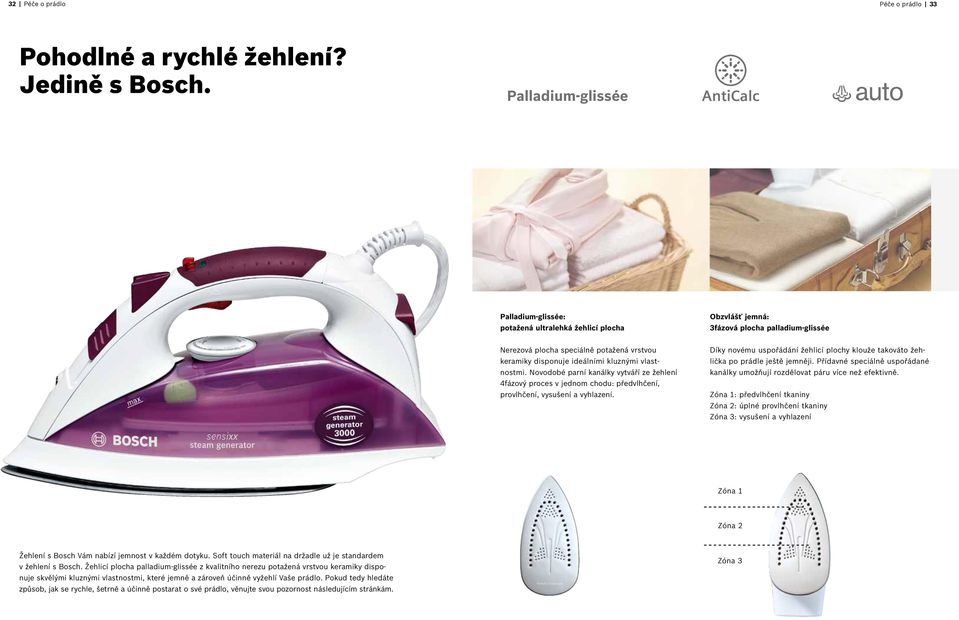 kluznými vlastnostmi. Novodobé parní kanálky vytváří ze žehlení 4fázový proces v jednom chodu: předvlhčení, provlhčení, vysušení a vyhlazení.