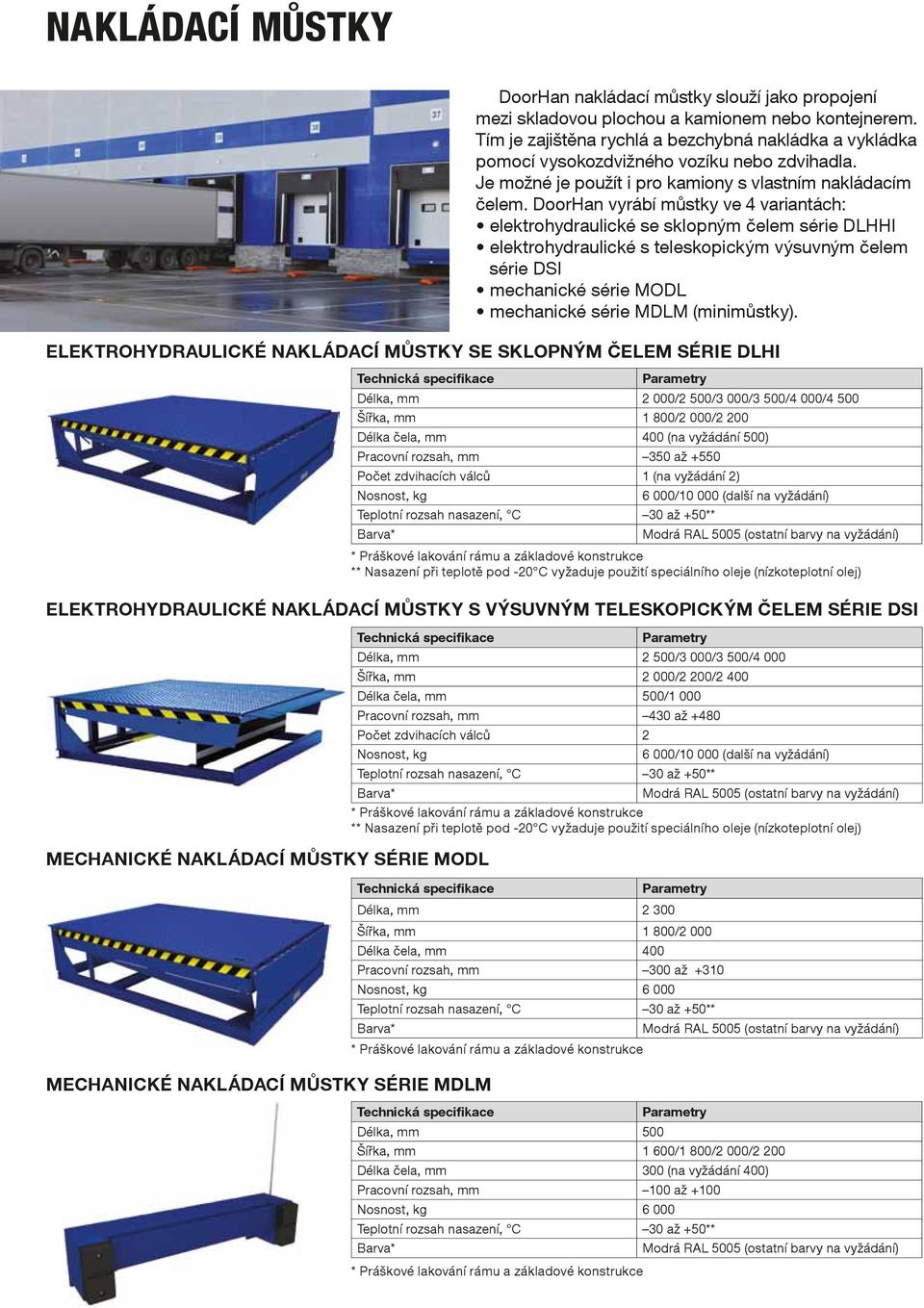Délka, mm 2 500/3 000/3 500/4 000 Šířka, mm 2 000/2 200/2 400 Délka čela, mm 500/1 000 Pracovní rozsah, mm 430 až +480 Počet zdvihacích válců 2 Nosnost, kg Mechanické nakládací můstky série MODL 6
