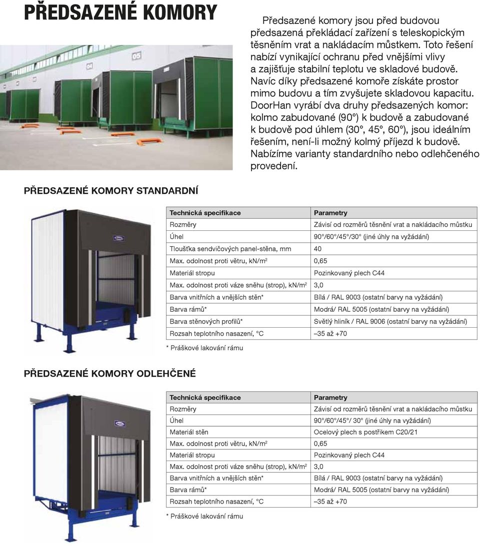 DoorHan vyrábí dva druhy předsazených komor: kolmo zabudované (90 ) k budově a zabudované k budově pod úhlem (30, 45, 60 ), jsou ideálním řešením, není-li možný kolmý příjezd k budově.
