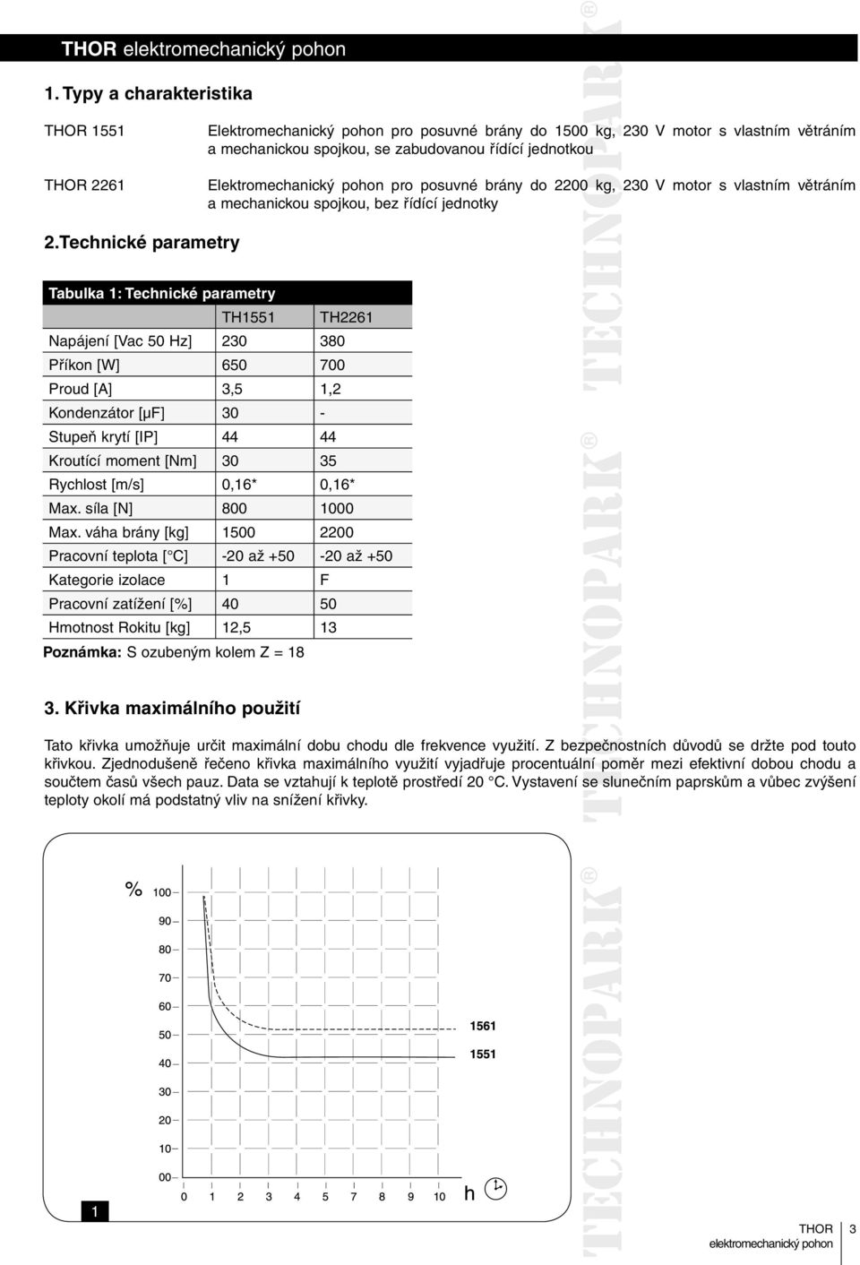 Technické parametry Tabulka 1: Technické parametry TH1551 TH2261 Napájení [Vac 50 Hz] 230 380 Příkon [W] 650 700 Proud [A] 3,5 1,2 Kondenzátor [µf] 30 - Stupeň krytí [IP] 44 44 Kroutící moment [Nm]